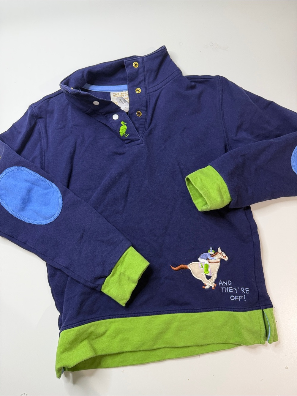 The Beaufort Bonnet Company Navy Pullover with Lime & Light Blue Accents horse